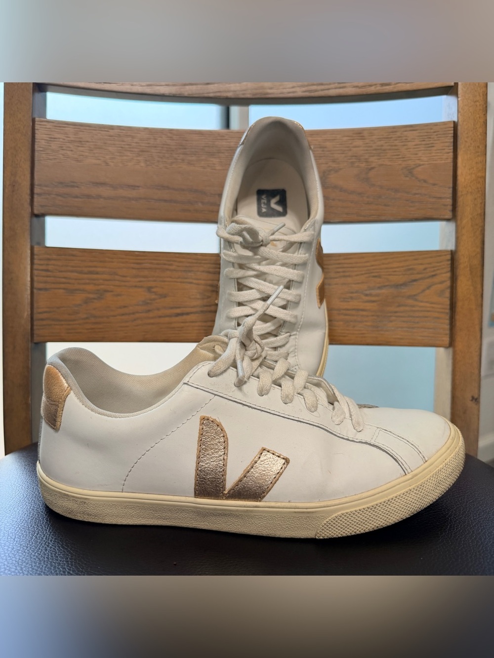 Veja White Leather Sneakers with Metallic Gold V women size 8